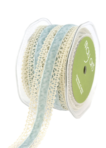1" Ivory Crochet and Light Blue Velvet Ribbon