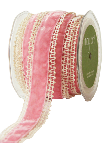 1.5" Ivory Crochet and Pink Velvet Ribbon